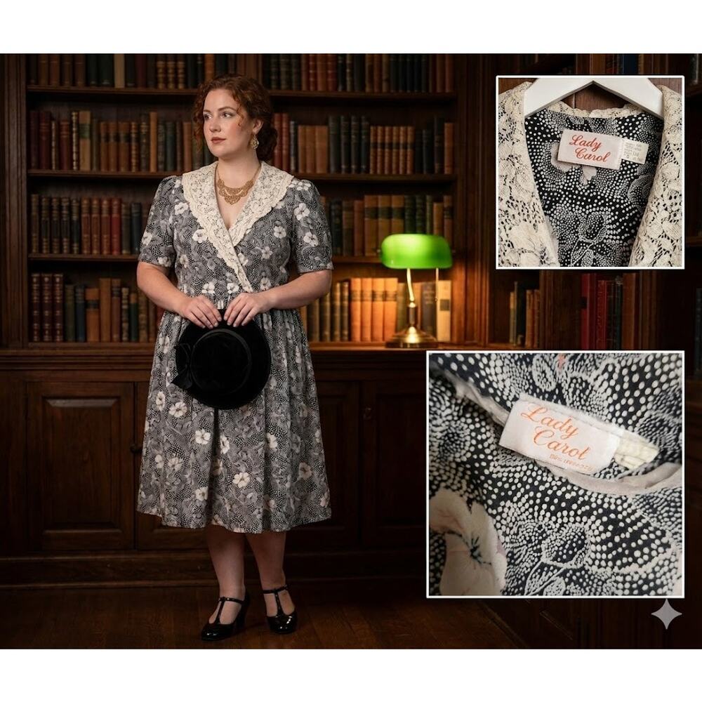 Vintage Lady Carol Size XL plus Womens floral dress lace collar cottagecore